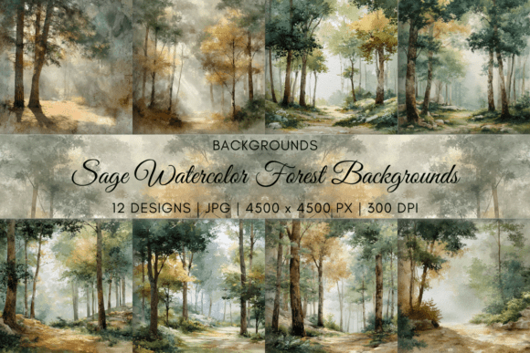 Infuse Your Designs with Tranquil Nature: Sage Watercolor Forest Backgrounds
